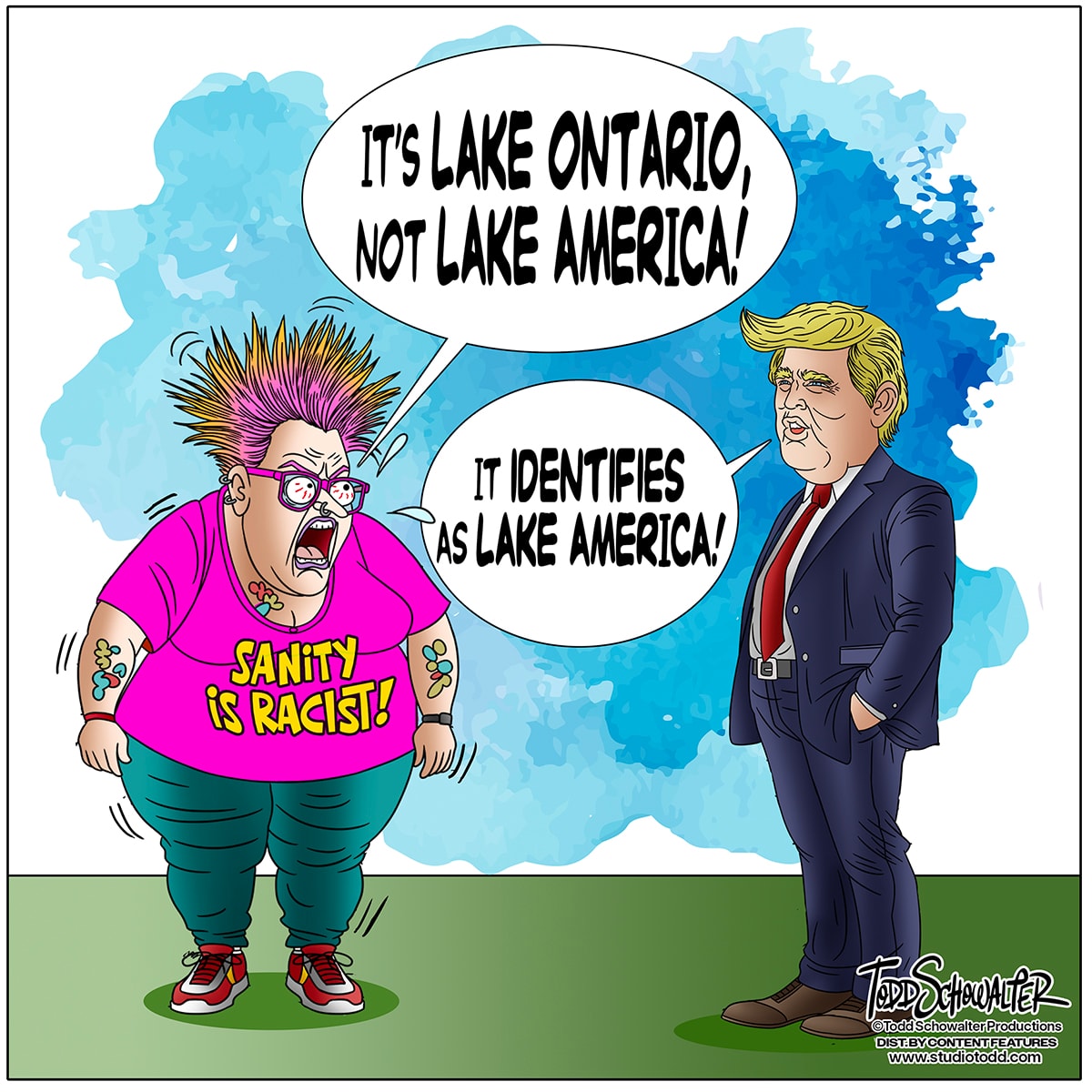 Lake America — editorial cartoon by Todd Schowalter depicting a political debate over renaming Lake Ontario