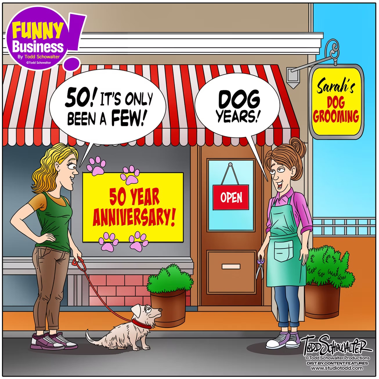 Funny Business — illustrated humor by Todd Schowalter featuring a dog grooming shop 50th anniversary