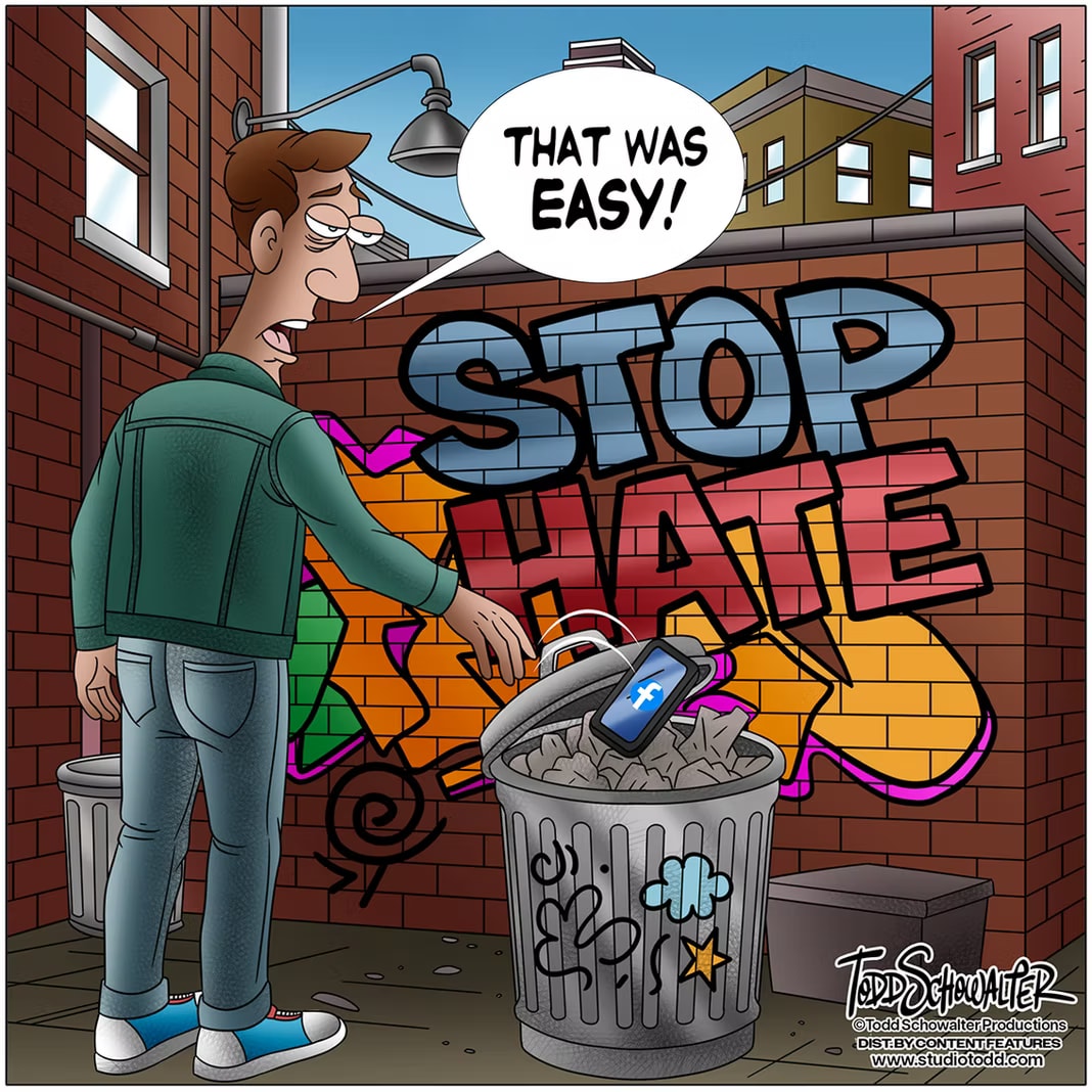 Editorial cartoon by Todd Schowalter depicting a man discarding his phone