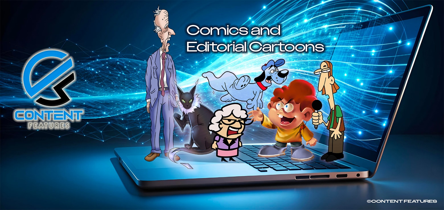 Content Features — editorial cartoons and illustrated humor emerging from a laptop screen, representing digital cartoon syndication and licensing
